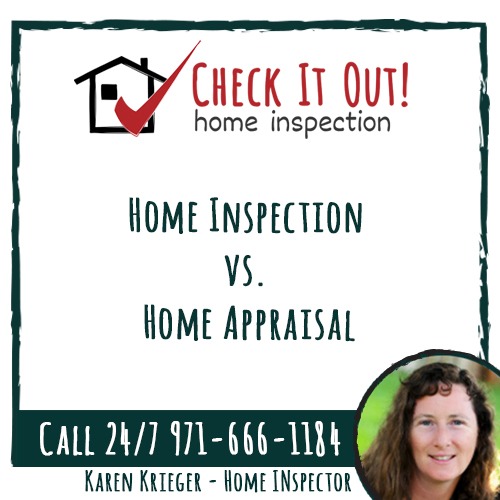 Check it out home inspection logo with text home inspection vs home appraisal and photo of home inspector Karen Kriegler